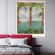 3D blackout window blind with blossom-covered brick arches opening onto a turquoise lake and misty green mountains - Lolli & Omi